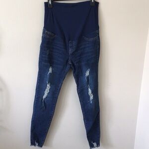 SHEIN Blue High Rise Maternity Jeans with Stretchy Panel and Distressing